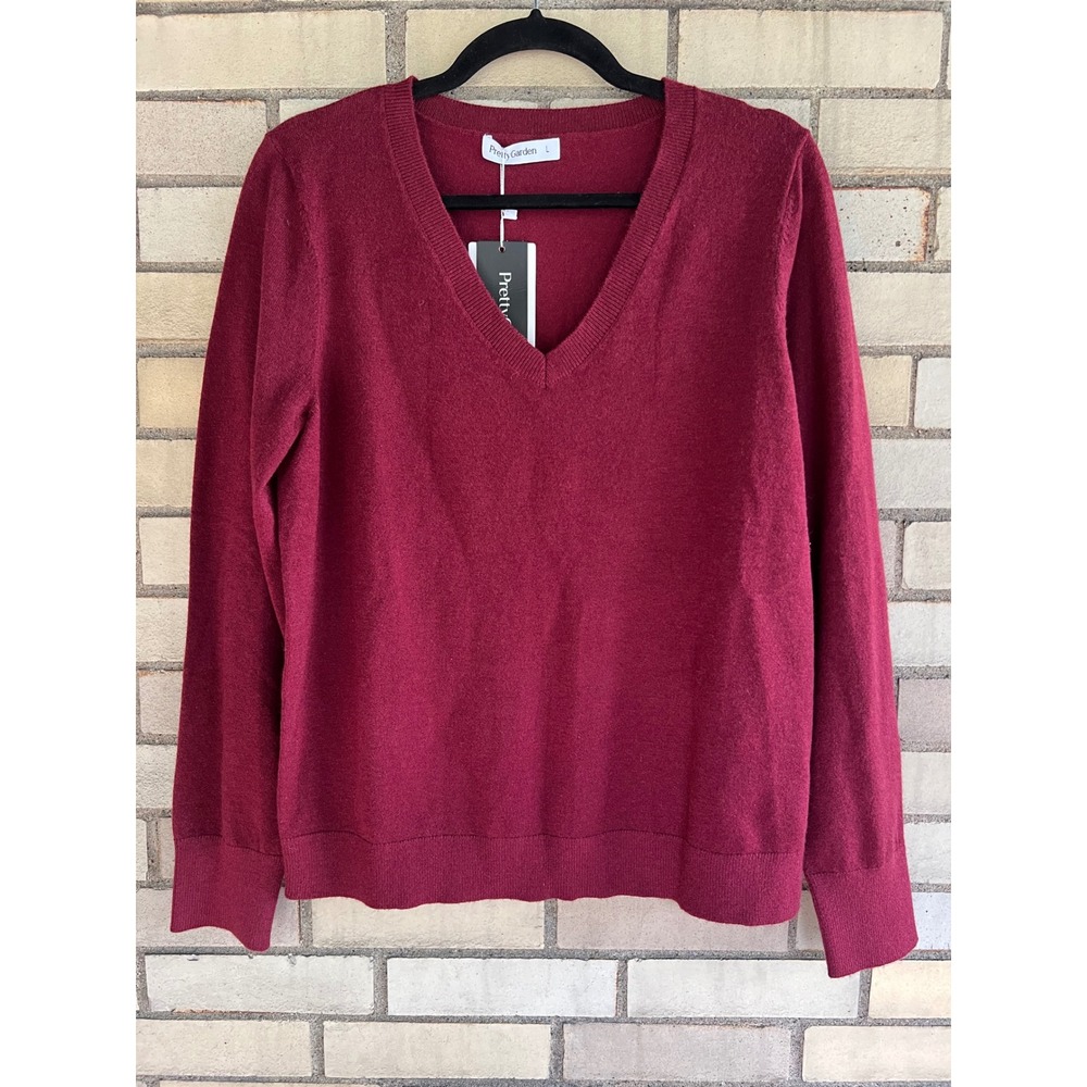 PrettyGarden V-Neck Long Sleeve Sweater Soft Dark Carmine Red Size Large NWT
